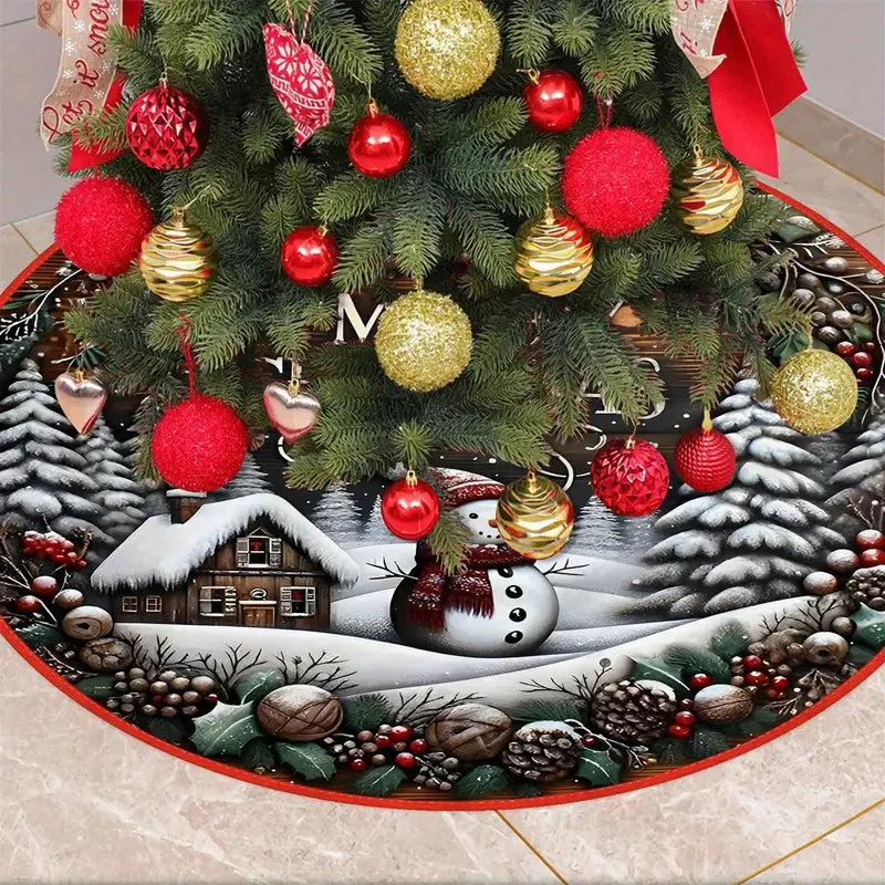 VIKAMA Christmas Tree Skirt With Snowman And Snow Scene Design Ideal For Living Room Festive Decorations And Home Party Settings
