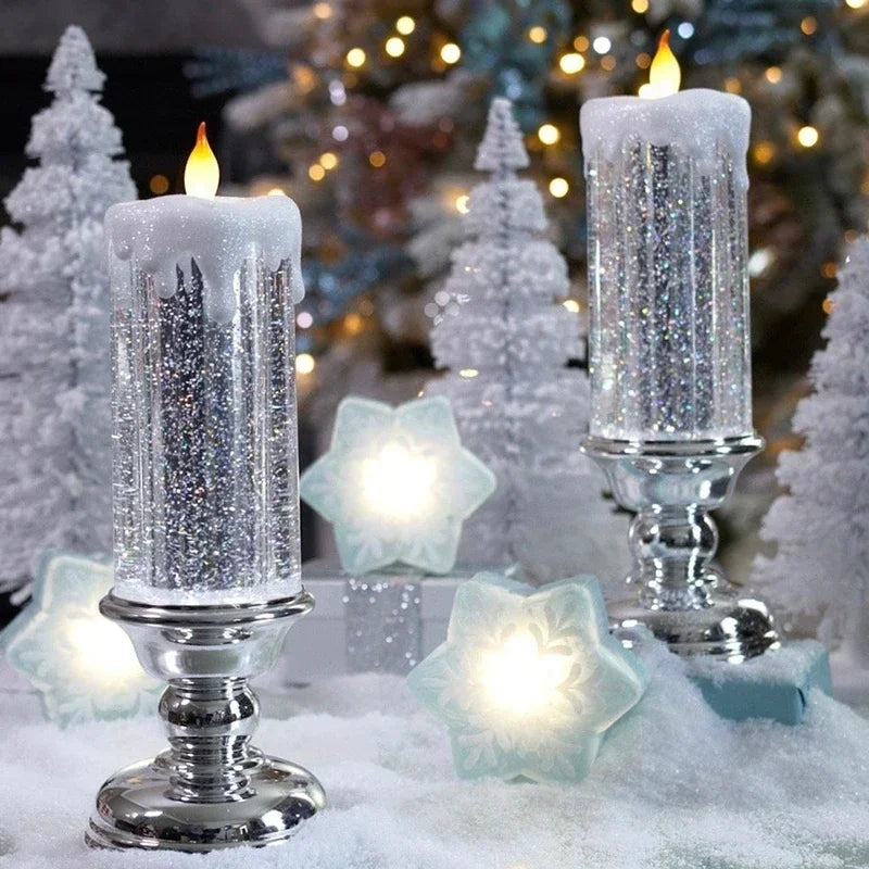 New LED Christmas Candle LED Flameless Candle Light Swirling Glitter Colorful Fantasy Crystal Night Lights Xmas Party Home Decor