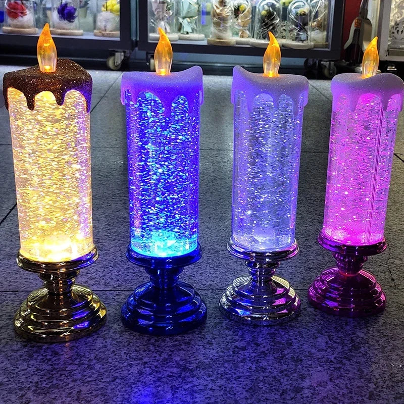 New LED Christmas Candle LED Flameless Candle Light Swirling Glitter Colorful Fantasy Crystal Night Lights Xmas Party Home Decor