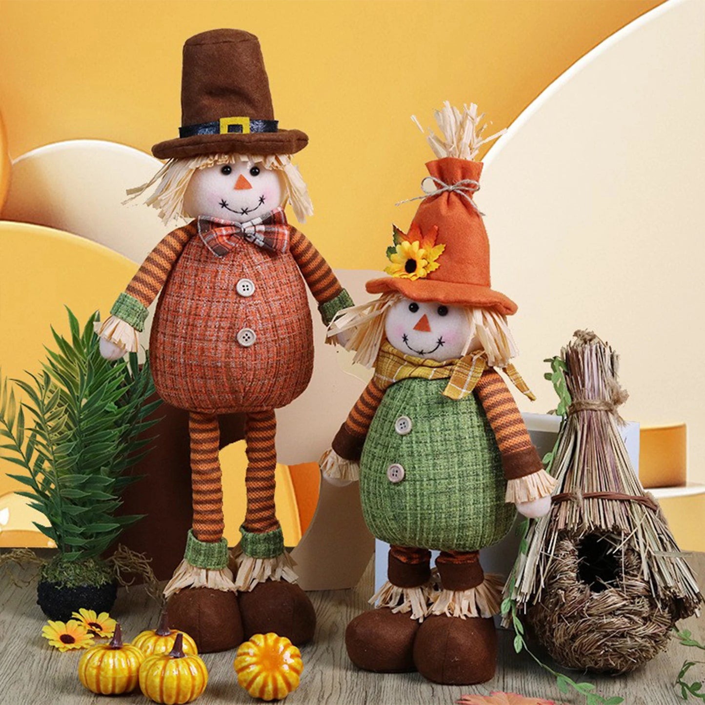 Thanksgiving Scarecrow Stretch Doll Harvest Season Decoration Maple Leaf Sunflower Straw Hat Elderly Doll Home DIY Decor