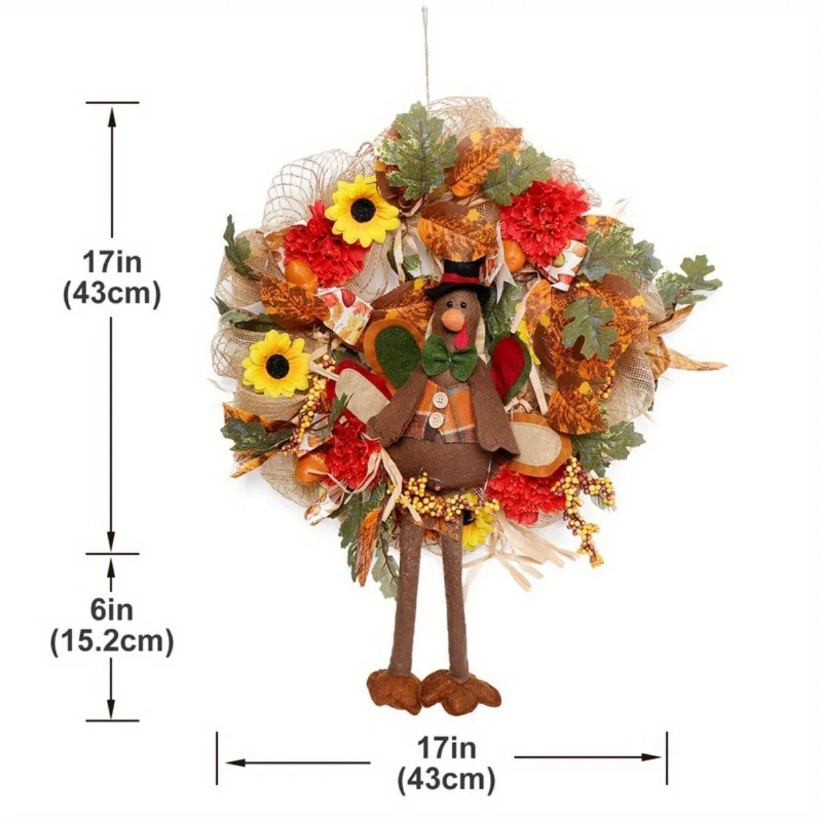 Fall Wreath with Scarecrow Turkey, 17 Inch Autumn Harvest Thanksgiving Wreath Artificial Sunflowers Maple Leaves Berries