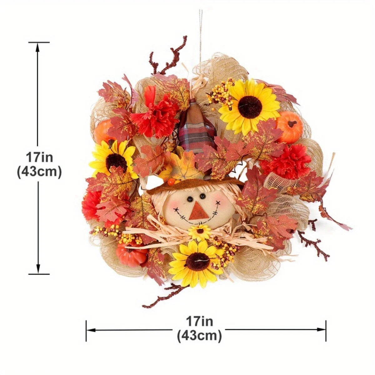 Fall Wreath with Scarecrow Turkey, 17 Inch Autumn Harvest Thanksgiving Wreath Artificial Sunflowers Maple Leaves Berries