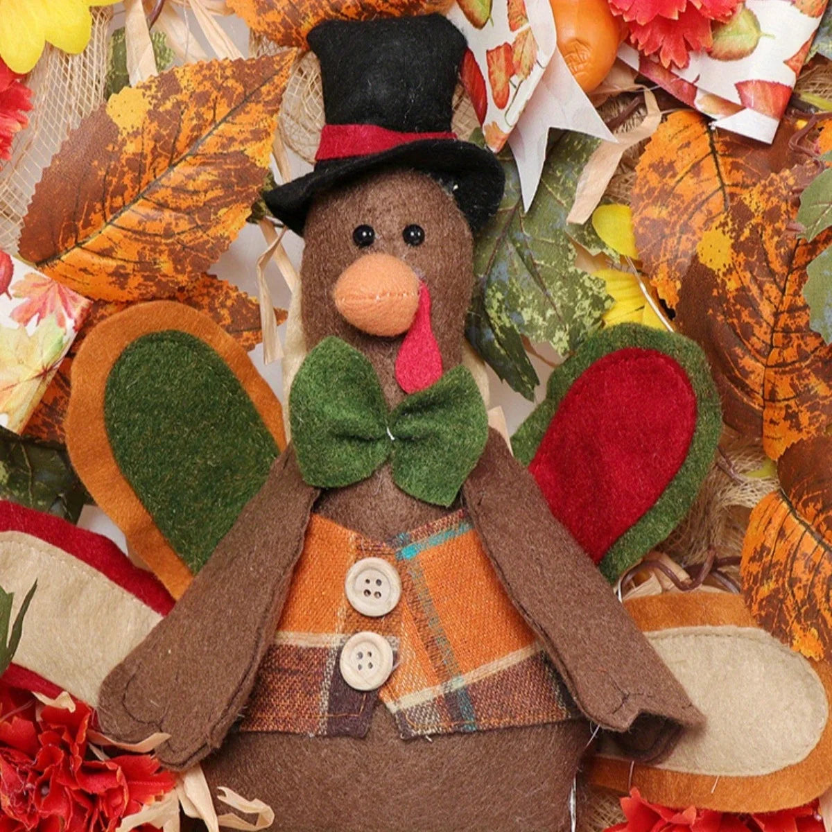 Fall Wreath with Scarecrow Turkey, 17 Inch Autumn Harvest Thanksgiving Wreath Artificial Sunflowers Maple Leaves Berries