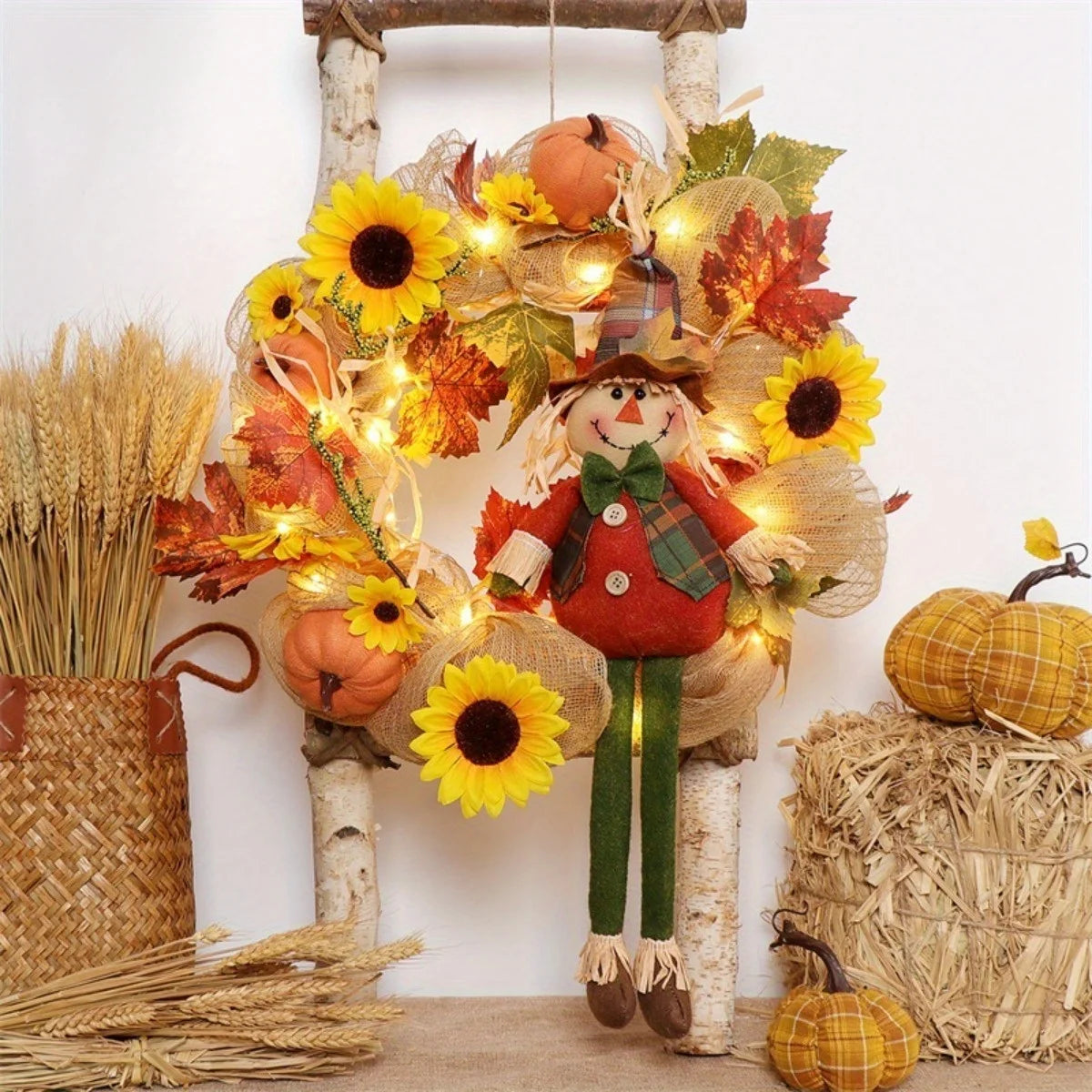 Fall Wreath with Scarecrow Turkey, 17 Inch Autumn Harvest Thanksgiving Wreath Artificial Sunflowers Maple Leaves Berries