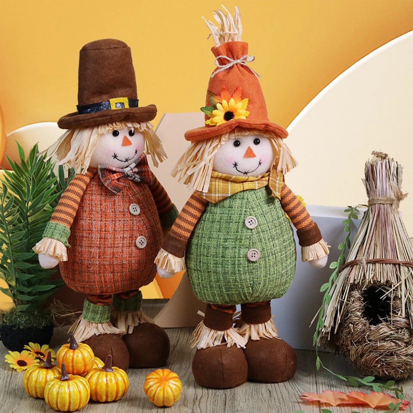 Thanksgiving Scarecrow Stretch Doll Harvest Season Decoration Maple Leaf Sunflower Straw Hat Elderly Doll Home DIY Decor
