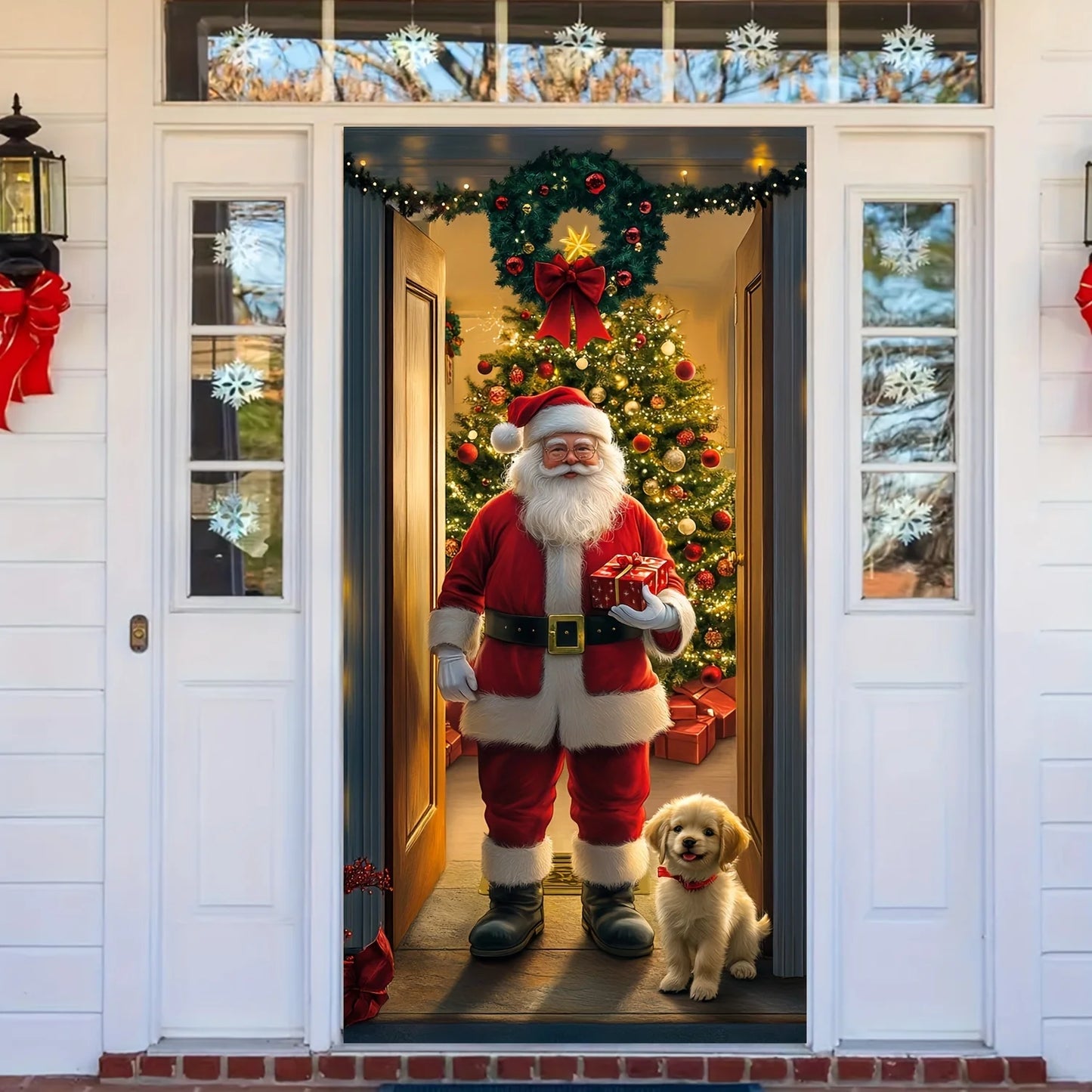 Christmas Tree Door Cover and Santa Claus  Festive Holiday Decoration, Winter themed photography Versatile Hanging for Entrance