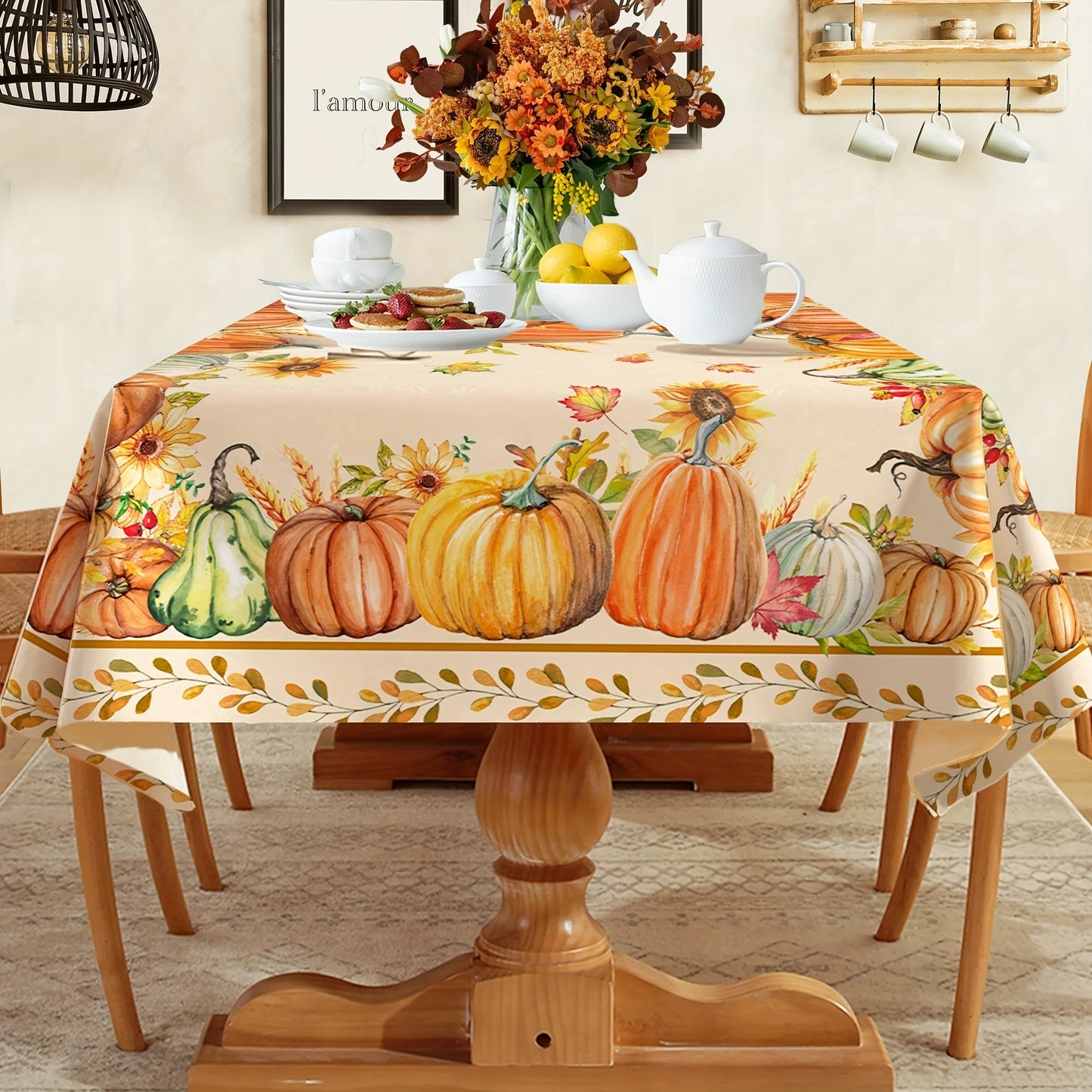 Thanksgiving Polyester Tablecloth with Pumpkin Design  Rectangular Cover for Home, Dining, and Fall Parties.