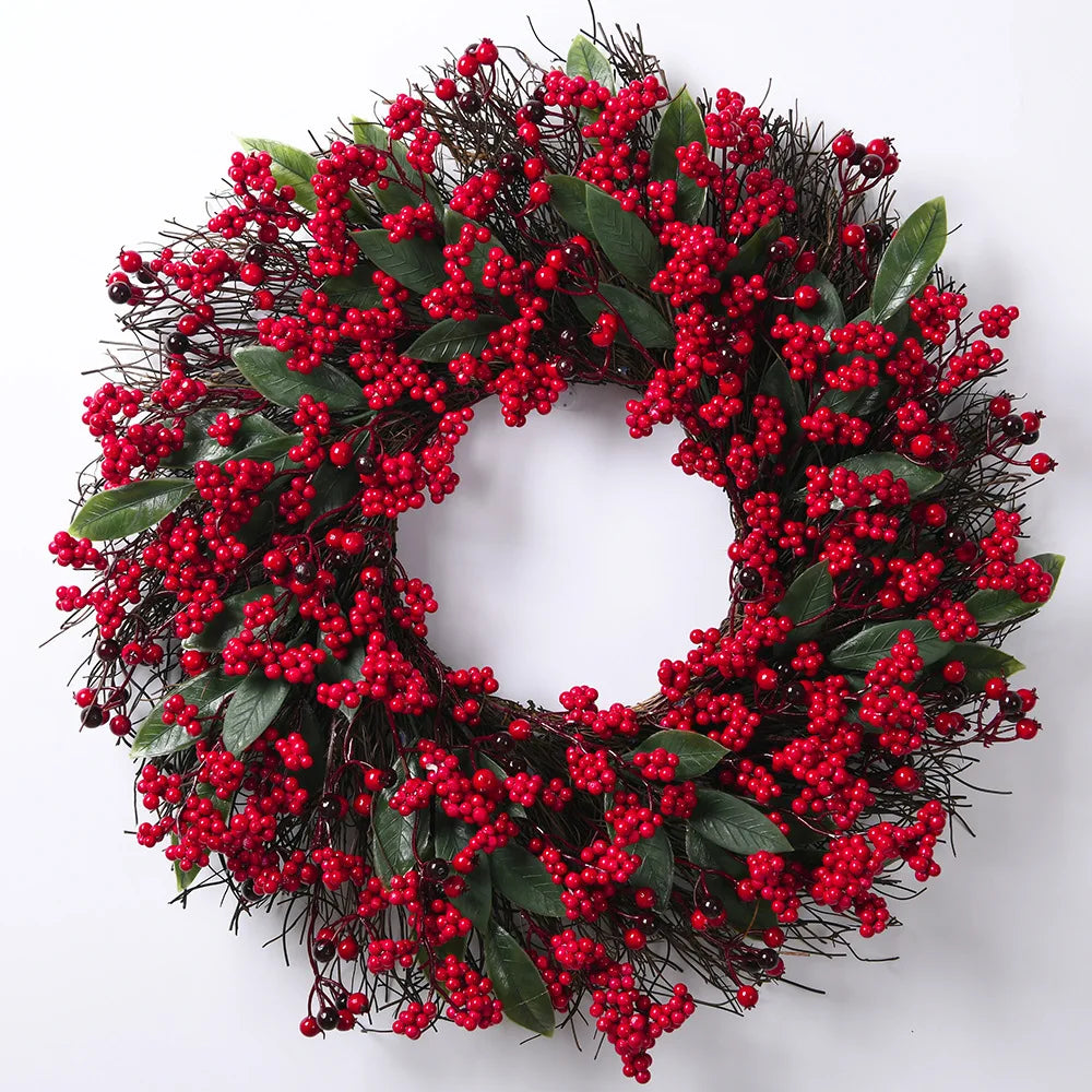 YeeNanee Christmas Decoration Wreaths for Front Door Handmade Cypress Leaf Red Berry Pine Wreath Xmas Home Wall Window Decor