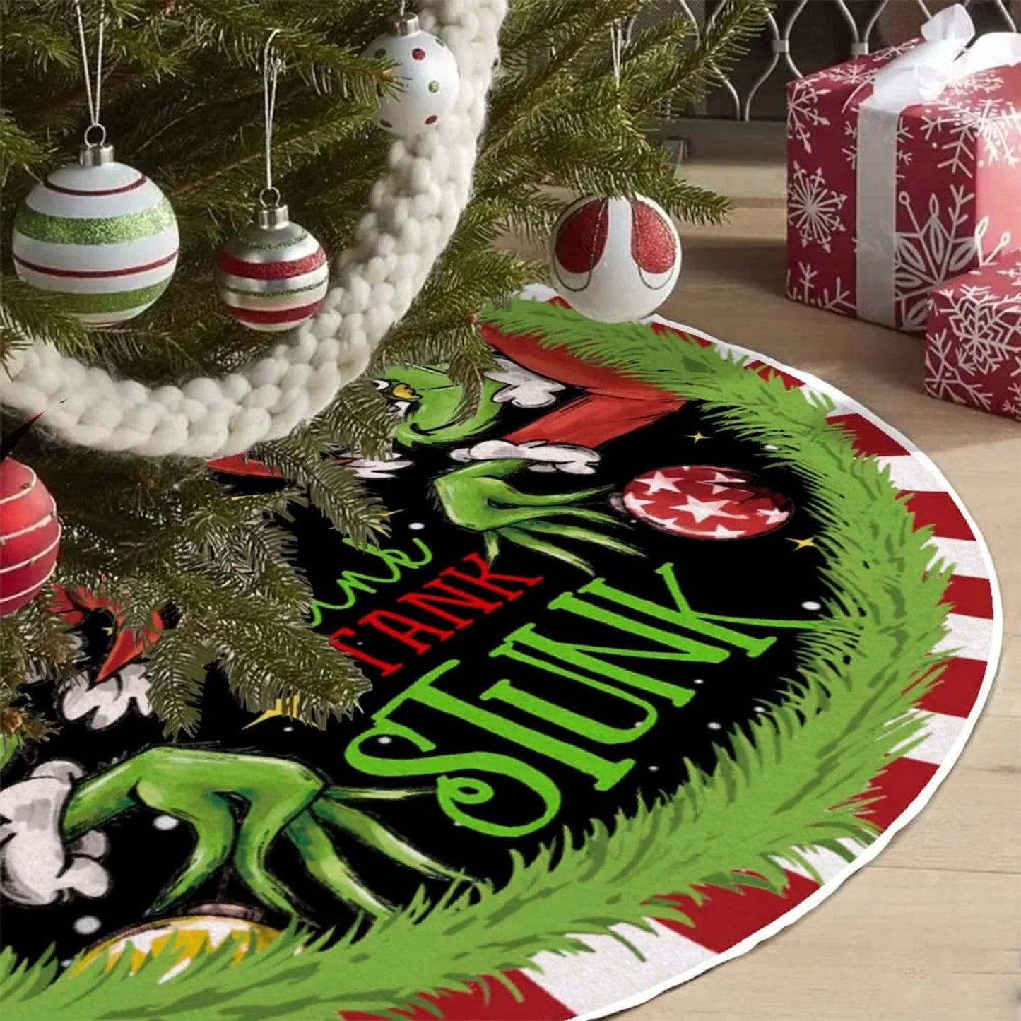 Christmas Tree Skirt Red & Green Merry Christmas Tree Skirt Collar Soft Xmas Holiday Decoration 2024 Gift Party Favors