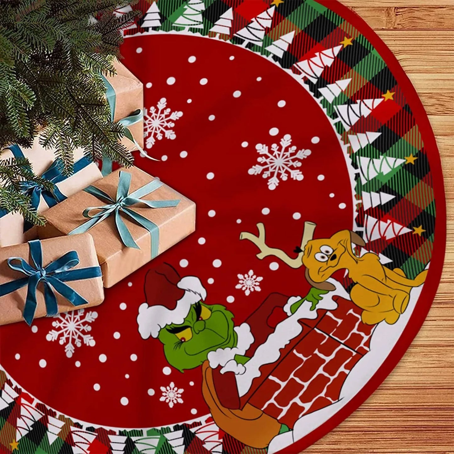 Christmas Tree Skirt Red & Green Merry Christmas Tree Skirt Collar Soft Xmas Holiday Decoration 2024 Gift Party Favors