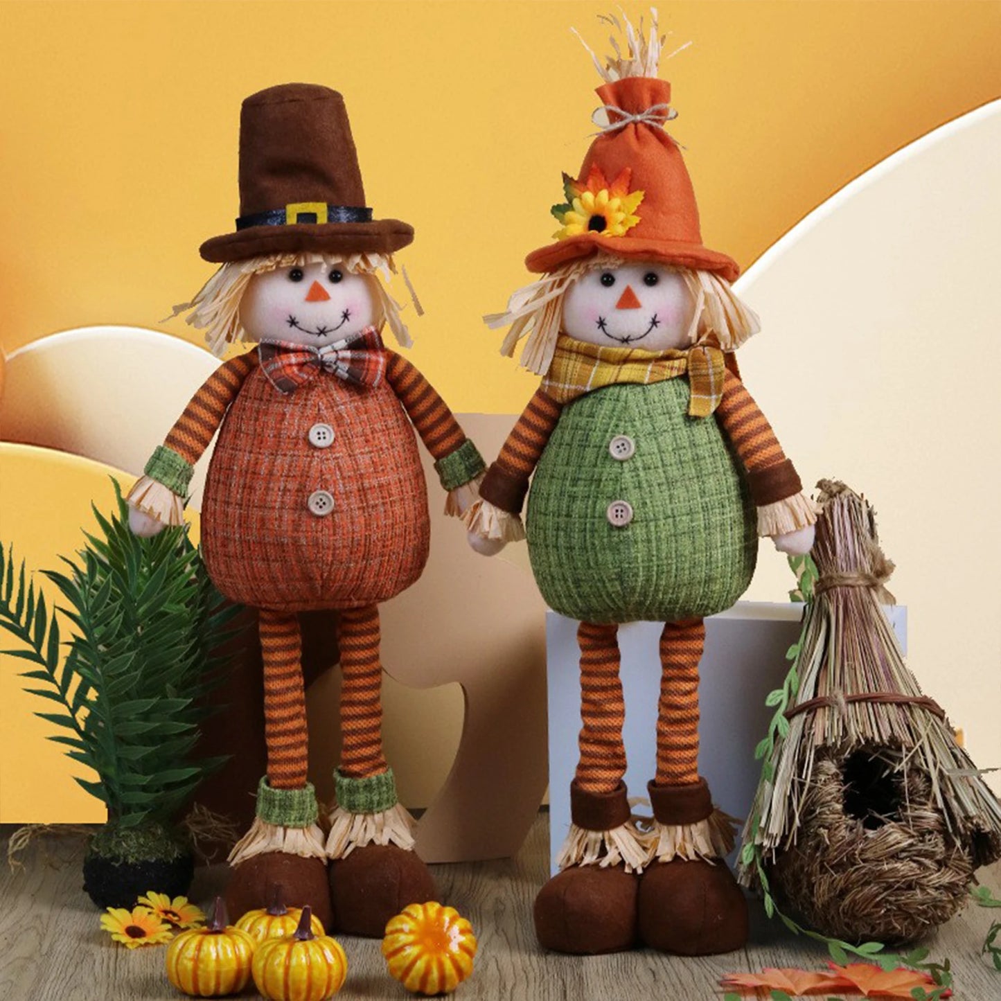 Thanksgiving Scarecrow Stretch Doll Harvest Season Decoration Maple Leaf Sunflower Straw Hat Elderly Doll Home DIY Decor