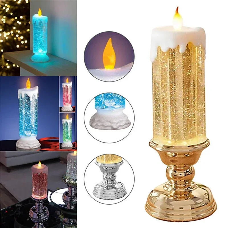 New LED Christmas Candle LED Flameless Candle Light Swirling Glitter Colorful Fantasy Crystal Night Lights Xmas Party Home Decor