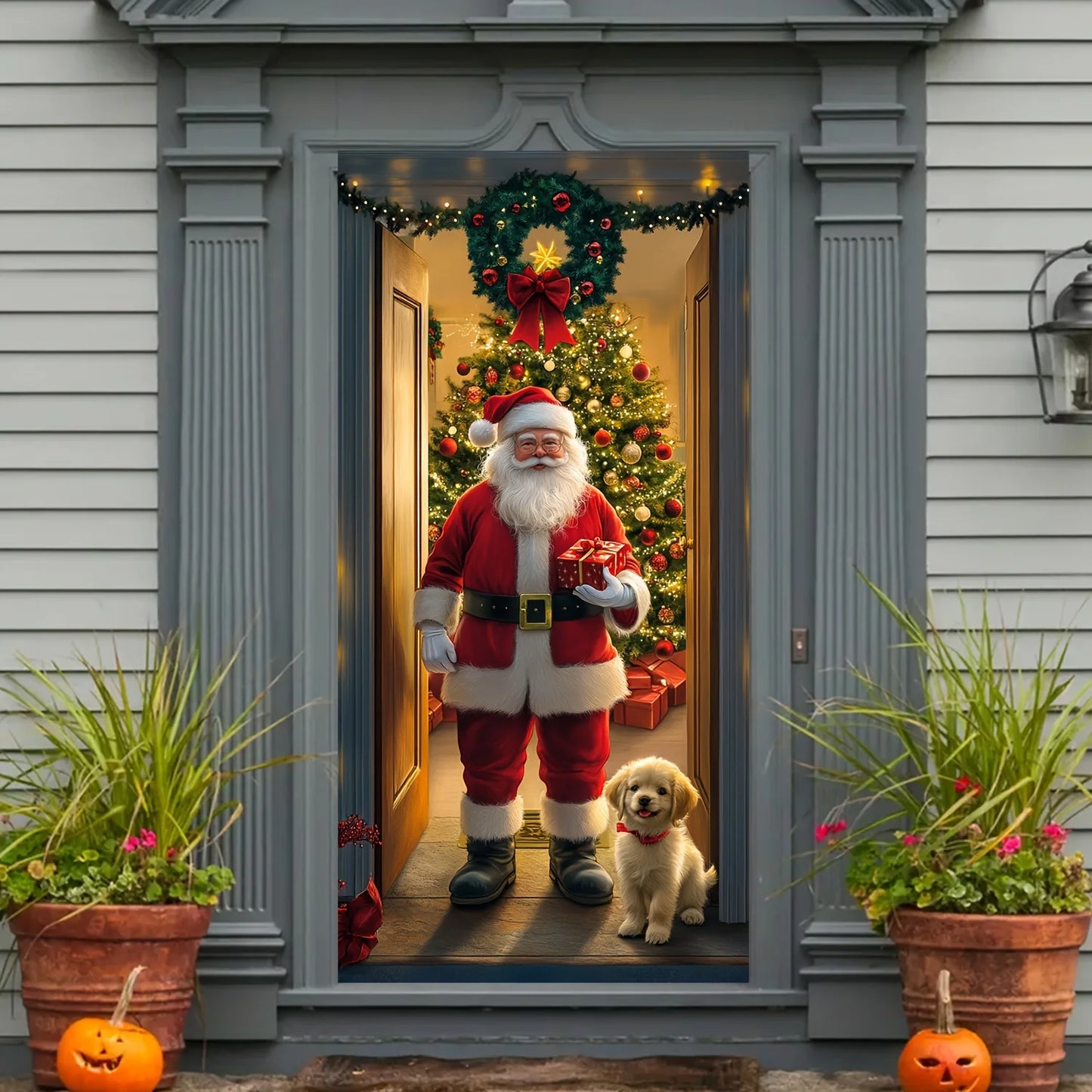 Christmas Tree Door Cover and Santa Claus  Festive Holiday Decoration, Winter themed photography Versatile Hanging for Entrance