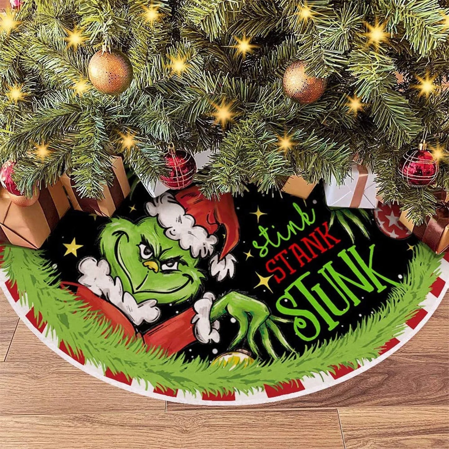 Christmas Tree Skirt Red & Green Merry Christmas Tree Skirt Collar Soft Xmas Holiday Decoration 2024 Gift Party Favors