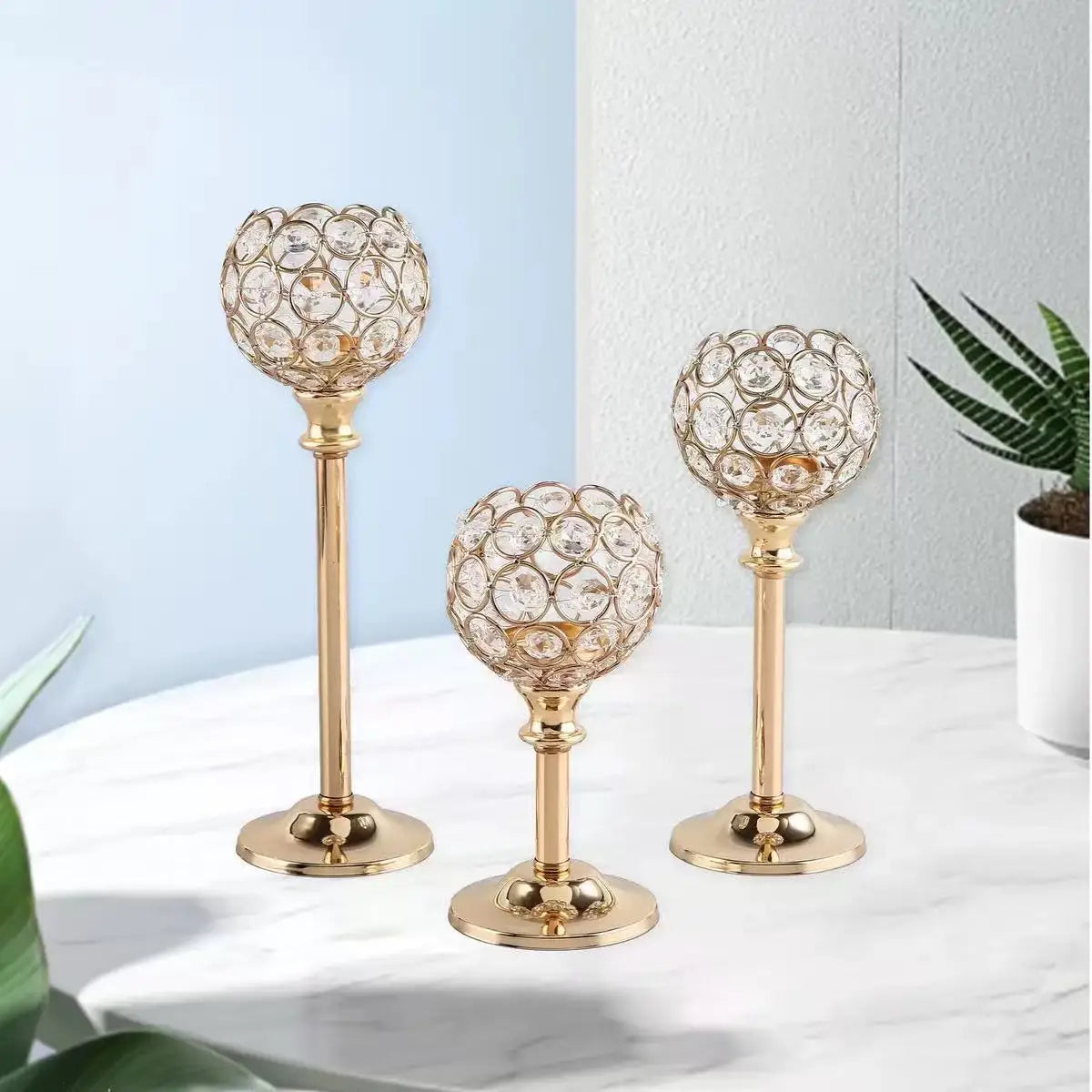 Golden Crystal Candlestick 3-Piece Set - Living Room Decor, Wedding Christmas Party & Romantic Dinner Ornament