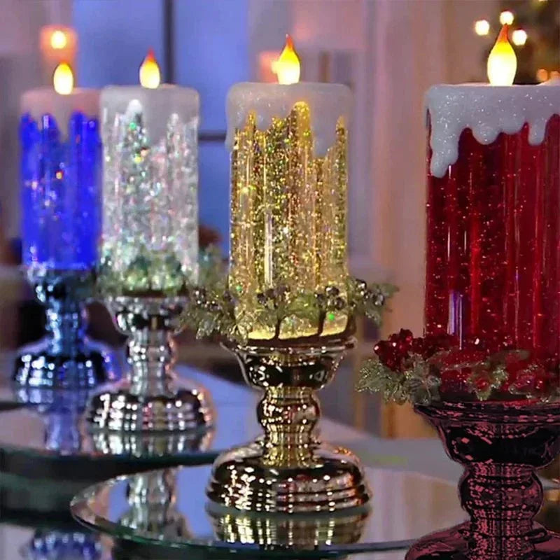 New LED Christmas Candle LED Flameless Candle Light Swirling Glitter Colorful Fantasy Crystal Night Lights Xmas Party Home Decor