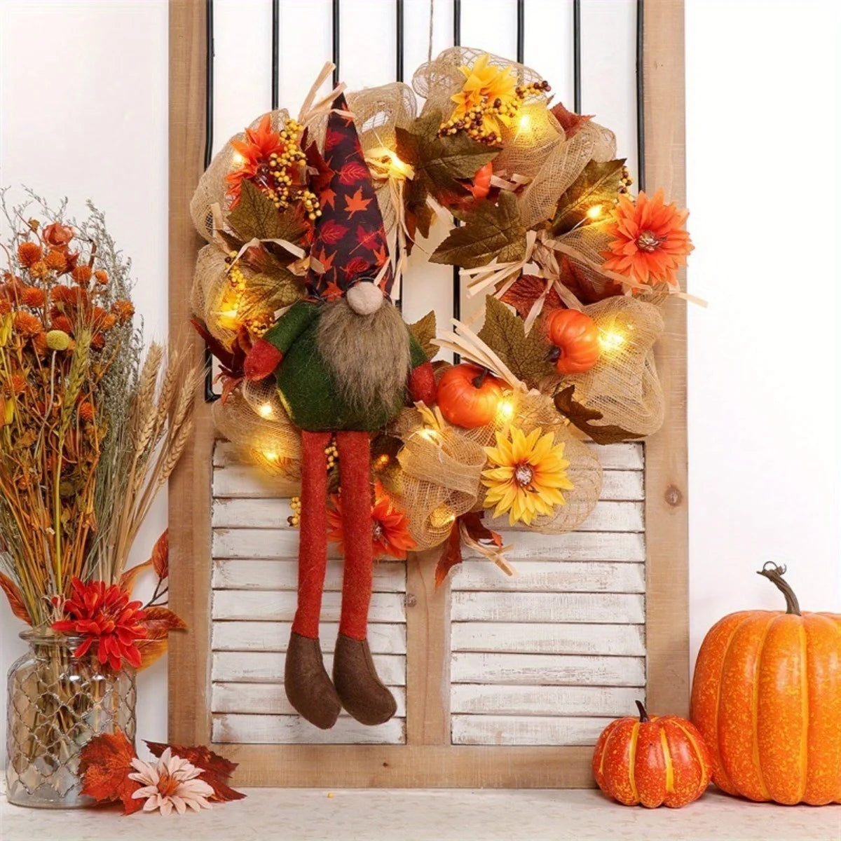 Fall Wreath with Scarecrow Turkey, 17 Inch Autumn Harvest Thanksgiving Wreath Artificial Sunflowers Maple Leaves Berries