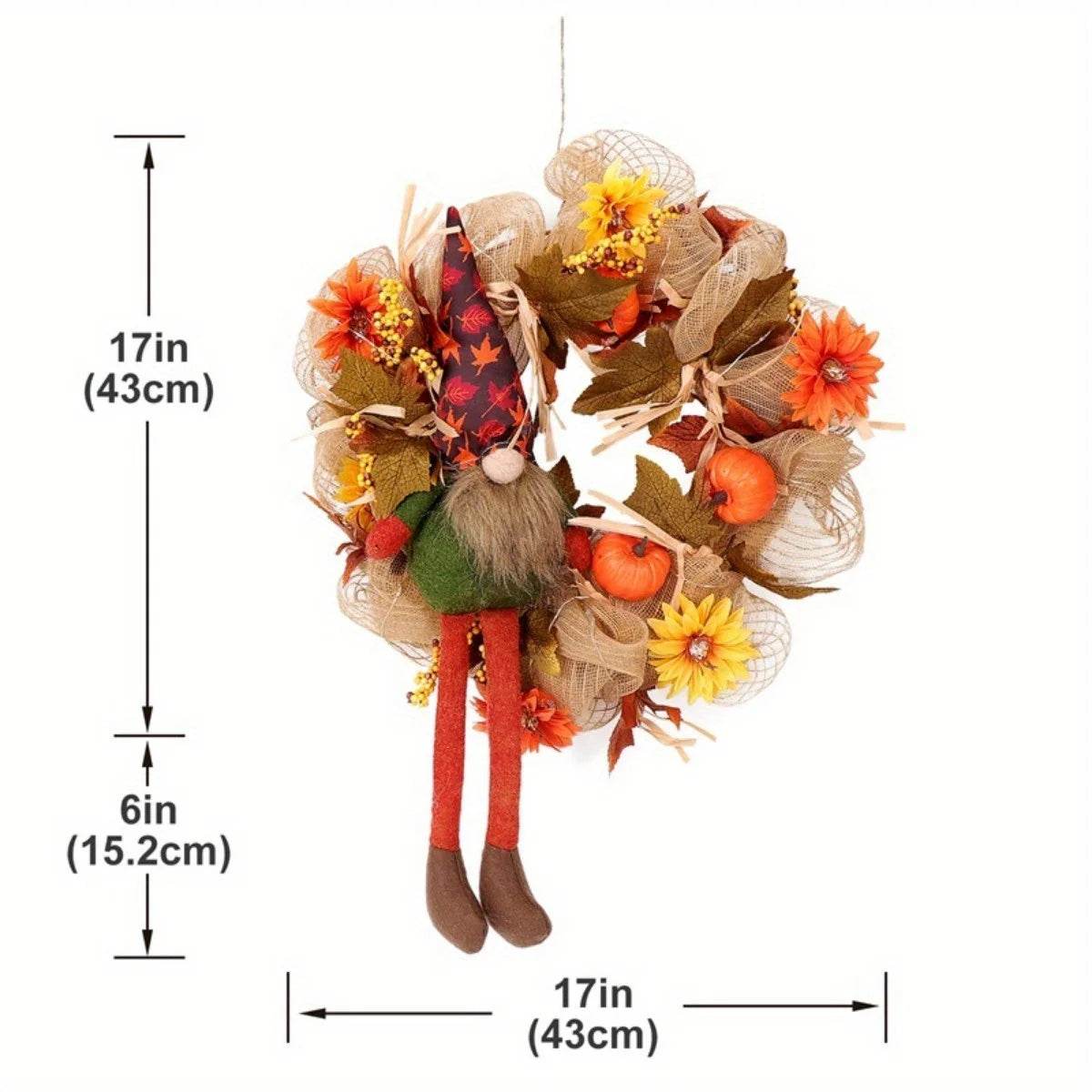 Fall Wreath with Scarecrow Turkey, 17 Inch Autumn Harvest Thanksgiving Wreath Artificial Sunflowers Maple Leaves Berries