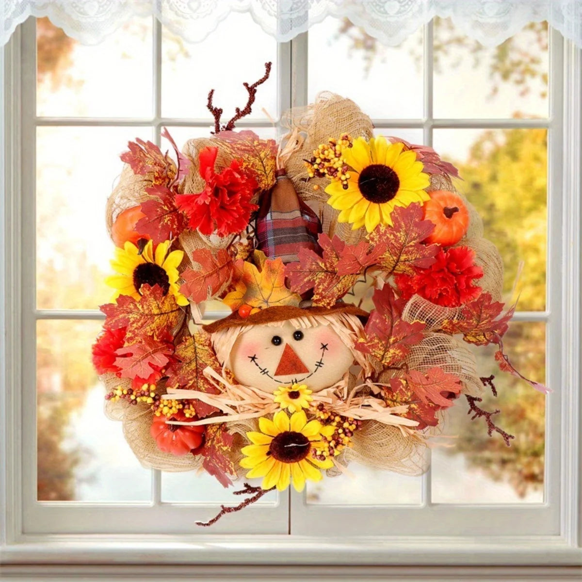 Fall Wreath with Scarecrow Turkey, 17 Inch Autumn Harvest Thanksgiving Wreath Artificial Sunflowers Maple Leaves Berries
