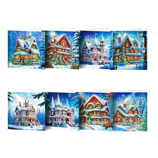 8 Winter Snow House Christmas Greeting Card Diamond Jewel Art COMPLETED & SEALED