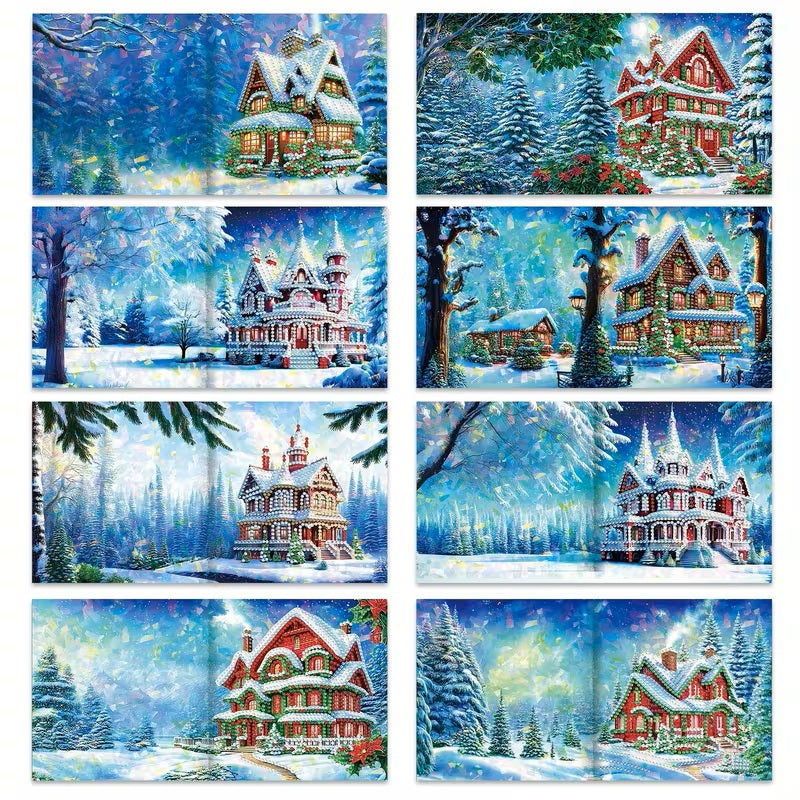 8 Winter Snow House Christmas Greeting Card Diamond Jewel Art COMPLETED & SEALED