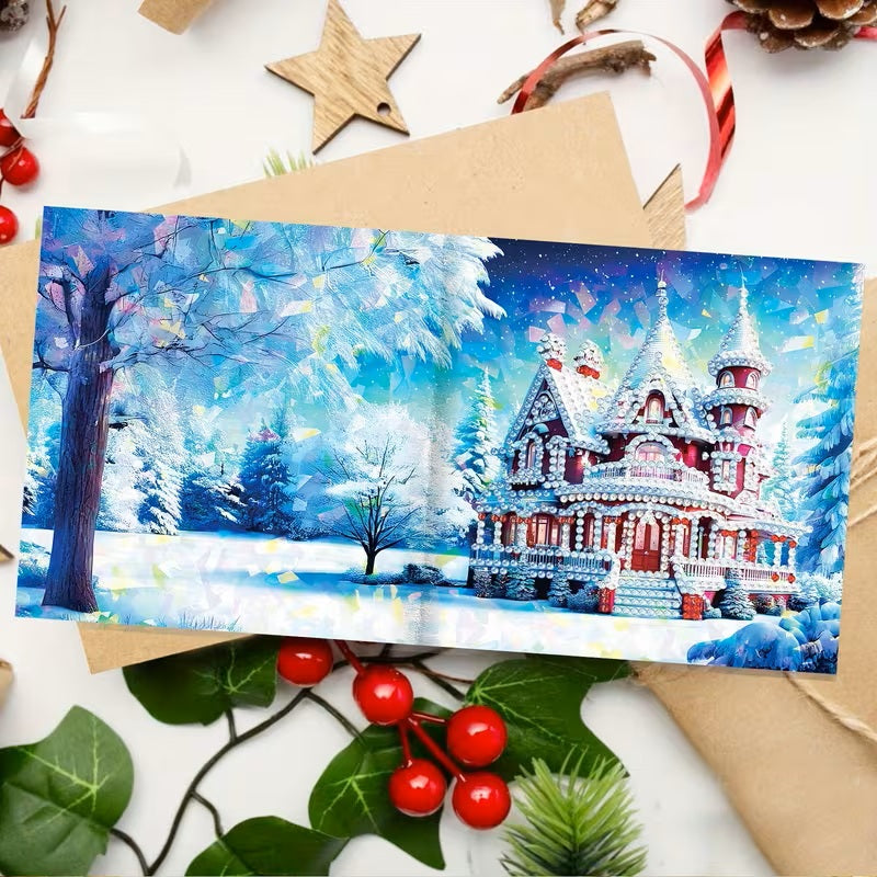 8 Winter Snow House Christmas Greeting Card Diamond Jewel Art COMPLETED & SEALED