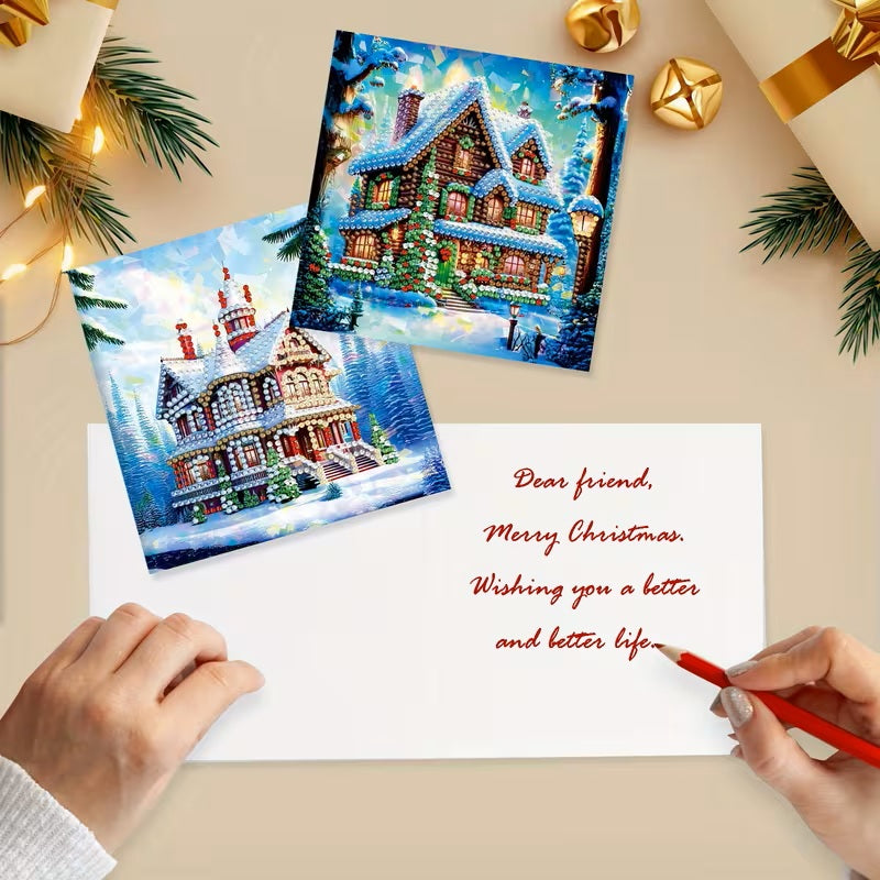 8 Winter Snow House Christmas Greeting Card Diamond Jewel Art COMPLETED & SEALED