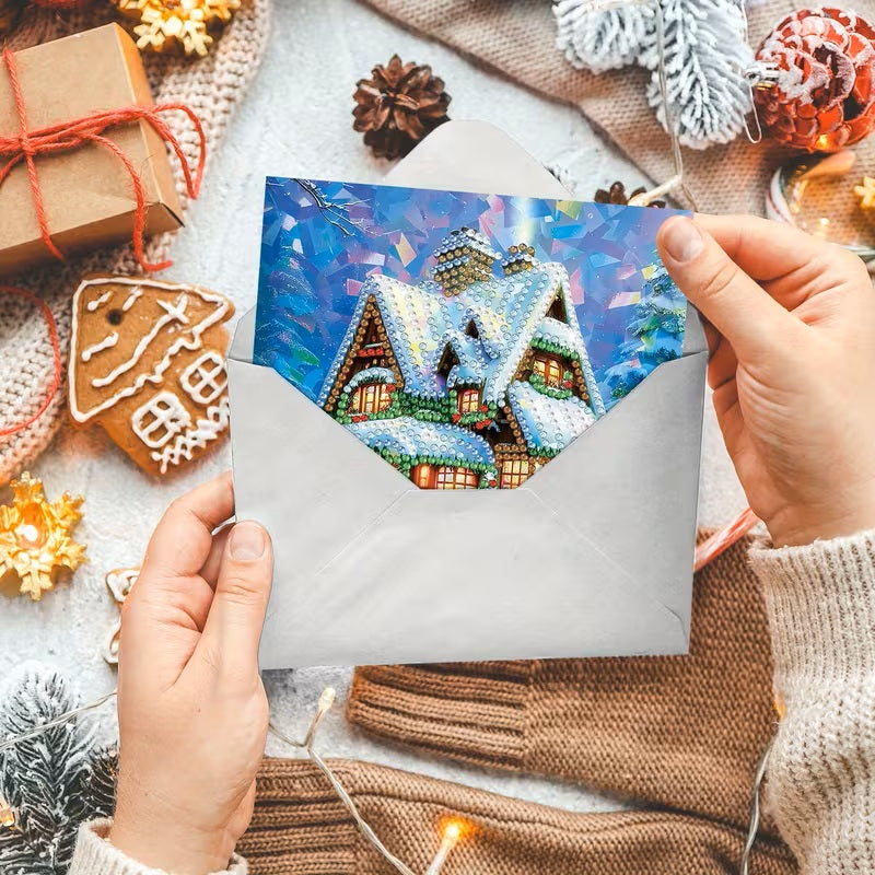 8 Winter Snow House Christmas Greeting Card Diamond Jewel Art COMPLETED & SEALED