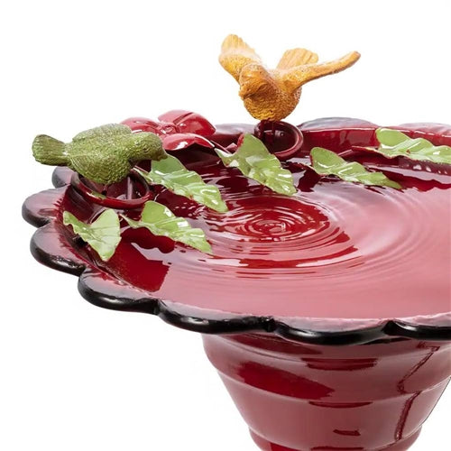 Red Metal Outdoor Garden Patio Birdbath with Decorative Bird Leaf Figurines image 3