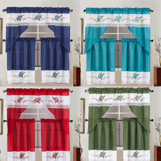 3pcs Bamboo Texture Embroidery Kitchen Curtains Set ROSES Pattern Translucency L image 0