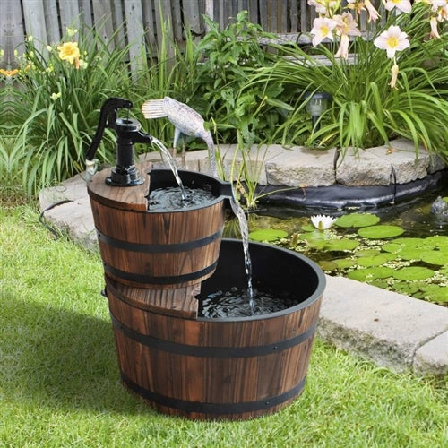 Outdoor 2-Tier Solid Wood Whisky Barrel Waterfall Fountain with Electric Pump image 0