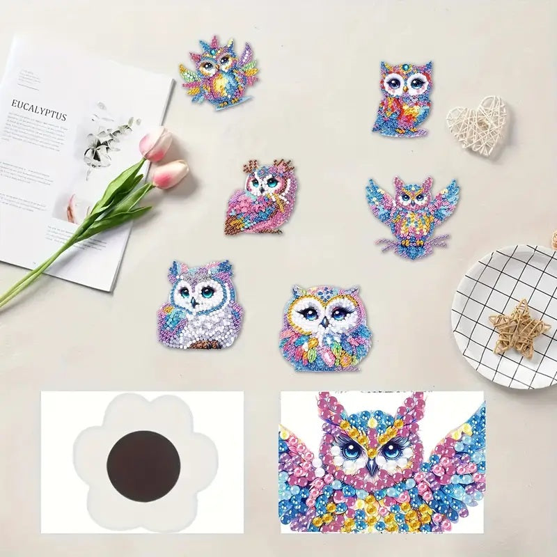 6-Piece Diamond Art Owl Fridge Magnets Diamond jewel Magnet Completed image 1