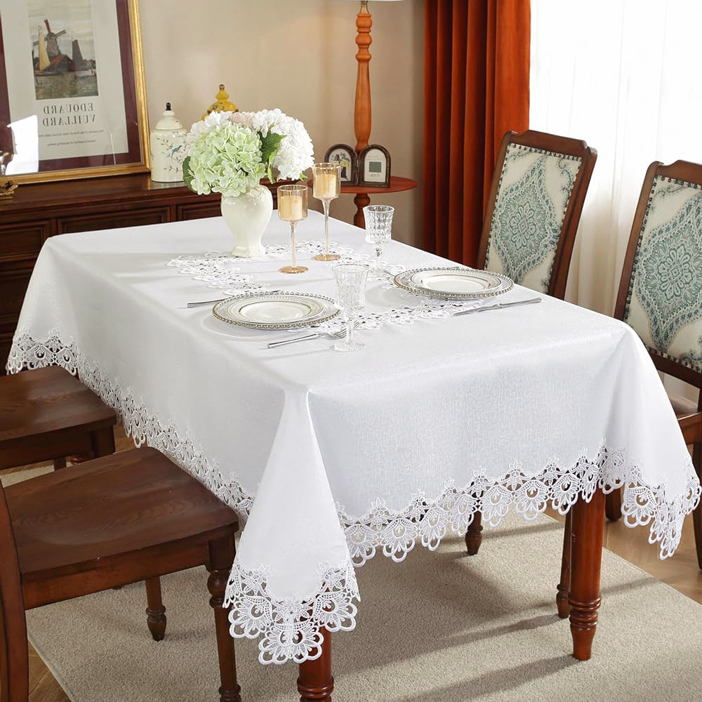Battilo Lace Embroidery Tablecloth White Floral Rectangle Table Cloth Waterproof image 3
