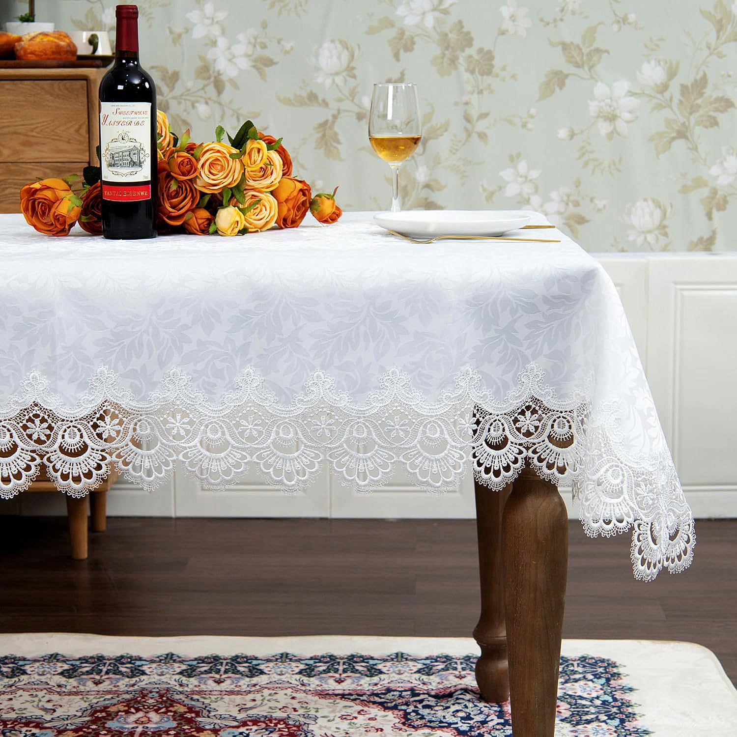 Battilo Lace Embroidery Tablecloth White Floral Rectangle Table Cloth Waterproof image 2