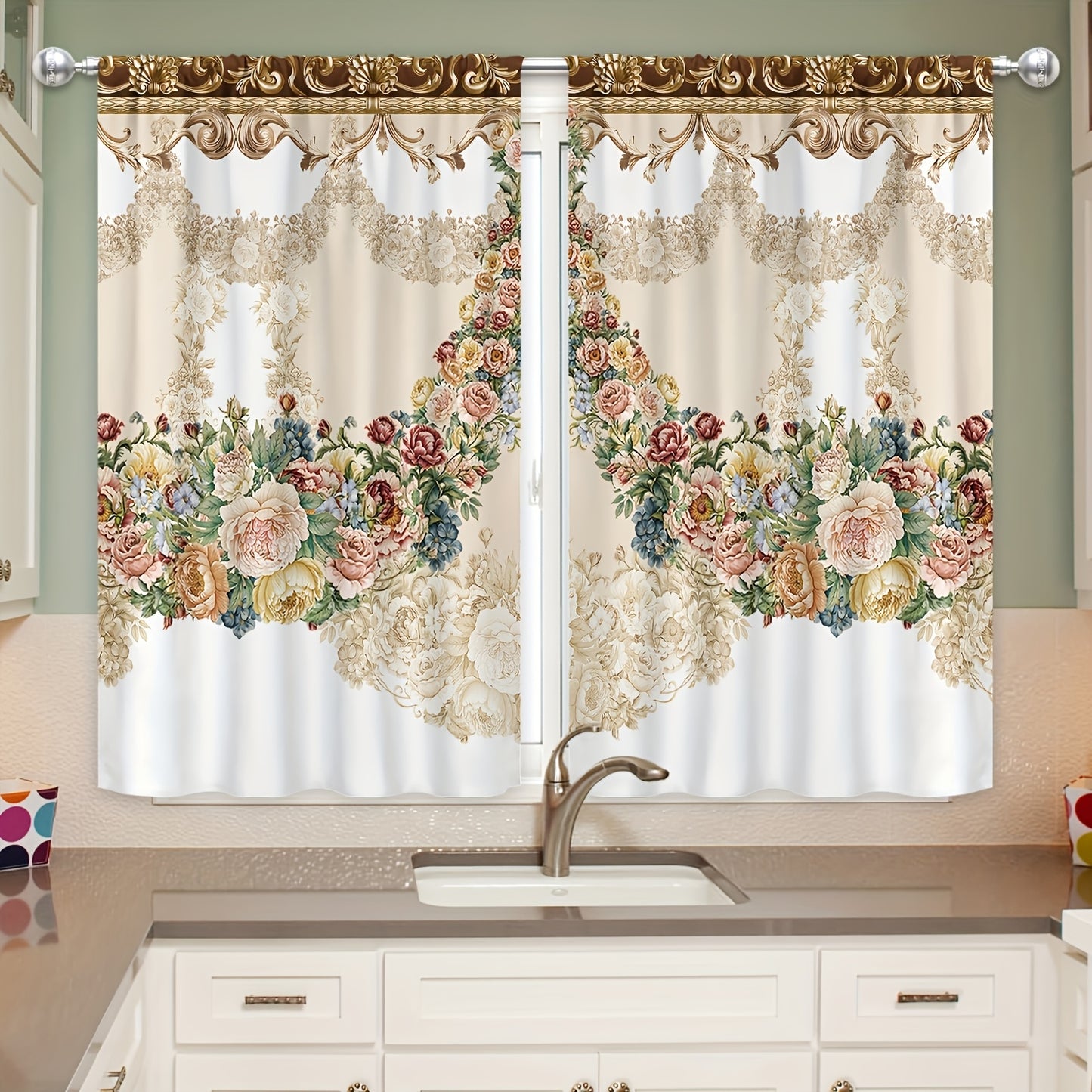 2pcs - Polyester - Vintage Floral Kitchen Curtain Set Bohemian French Wreath Mod image 5