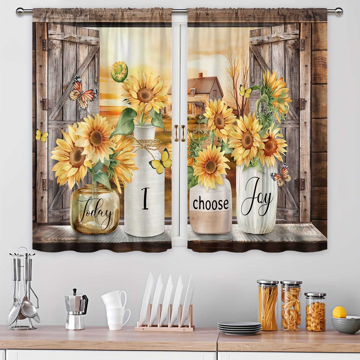 Vintage Farmhouse Curtain 2pcs Polyester Country Sunflower Kitchen Curtain - 27. image 0