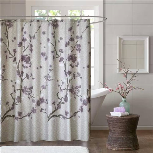 72 x 72 in Cotton Shower Curtain with Purple Grey Beige Floral Blossom Pattern image 0