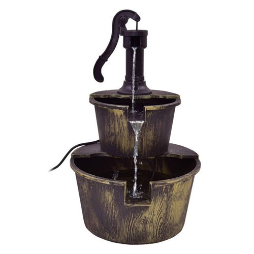 Outdoor 2-Tier Rustic Barrel Water Fountain with Submersible Pump image 1