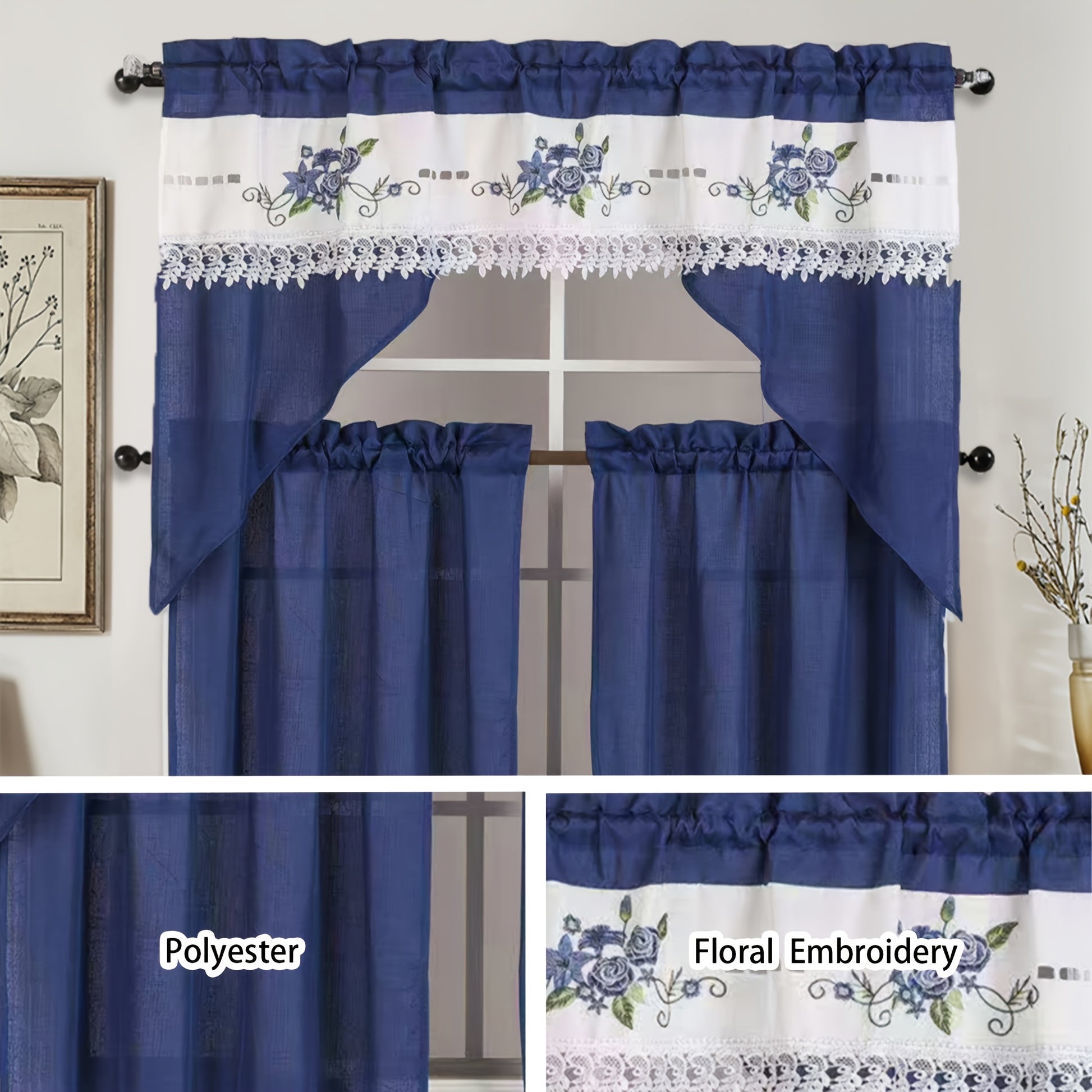 3pcs Bamboo Texture Embroidery Kitchen Curtains Set ROSES Pattern Translucency L image 4