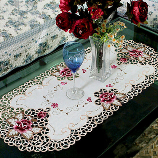 1Pcs 16x33 Inches White Oval Satin Fabric Lace Tablecloth Doily Embroidered Flor image 0