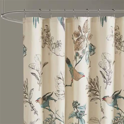 72-inch Beige Khaki Cotton Shower Curtain with Vintage Birds Leaf Floral Print image 1
