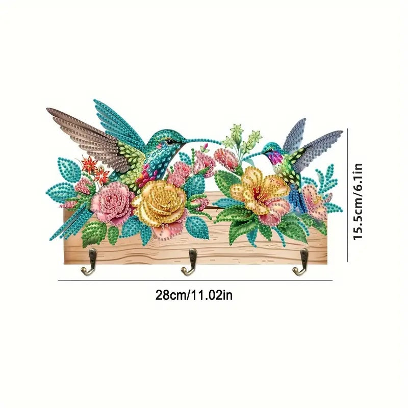 Vibrant Hummingbird Design Key Holder, Wood Round Diamonds, Colorful Wall Art image 4