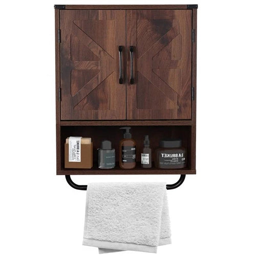 Farmhouse Bathroom Wall Cabinet with Towel Bar in 3 Colors Brown Wood Finish image 5