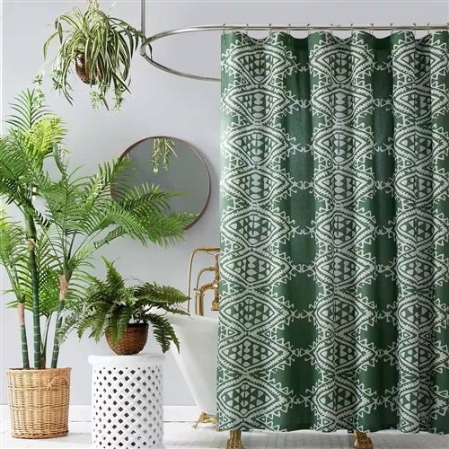 72 x 72 inch Cotton Poly Shower Curtain with Green White Geometric Motif Pattern image 0