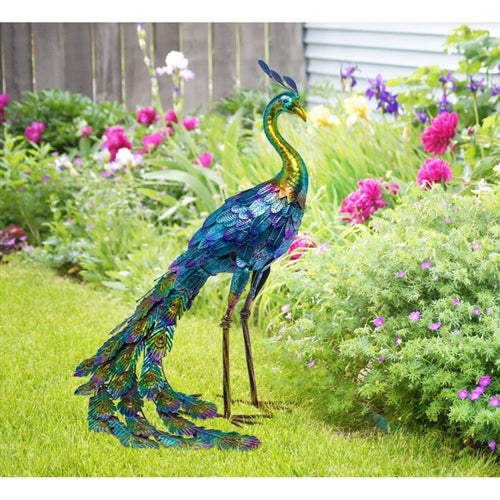 Outdoor Garden Metal Blue/Green Peacock Statue image 2