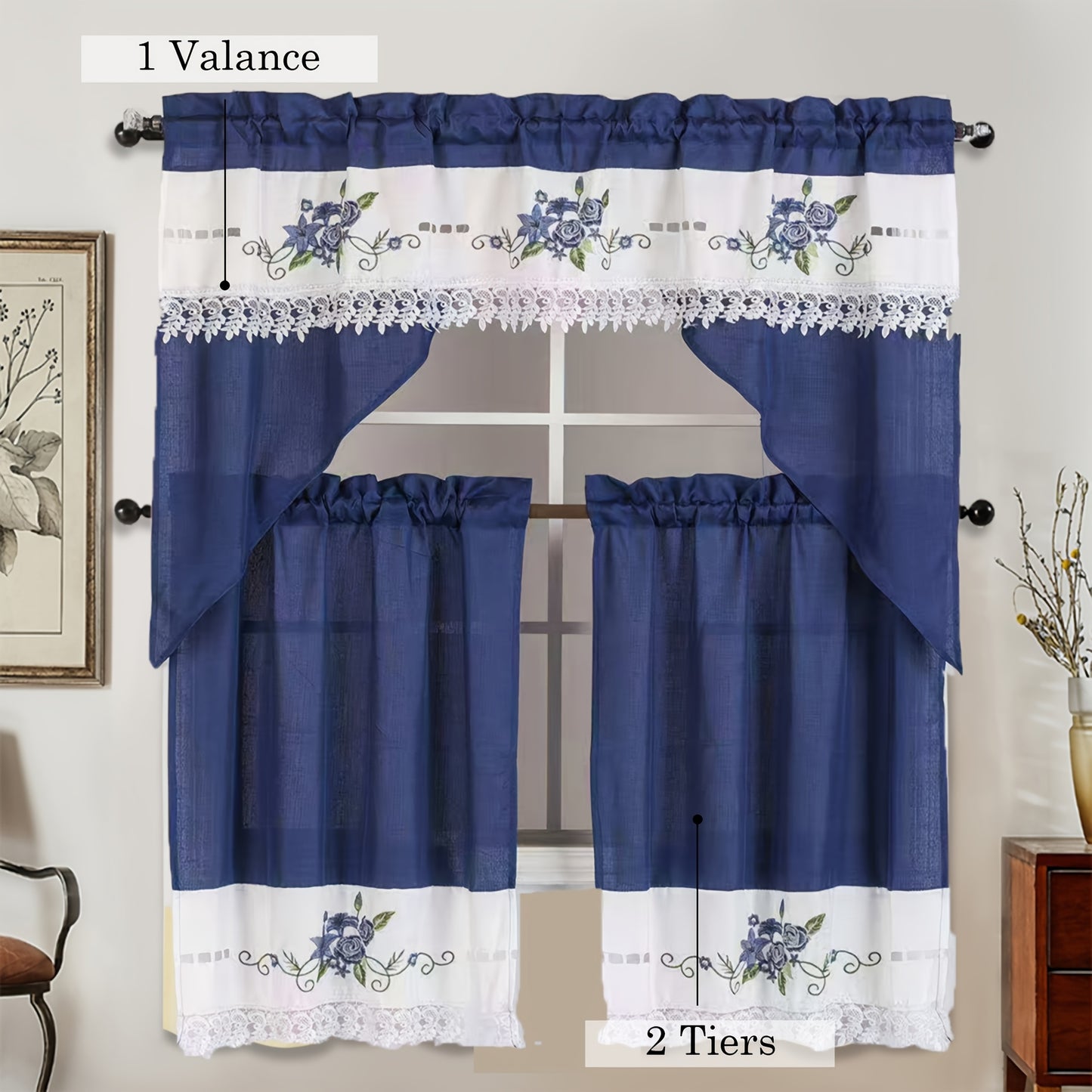 3pcs Bamboo Texture Embroidery Kitchen Curtains Set ROSES Pattern Translucency L image 3