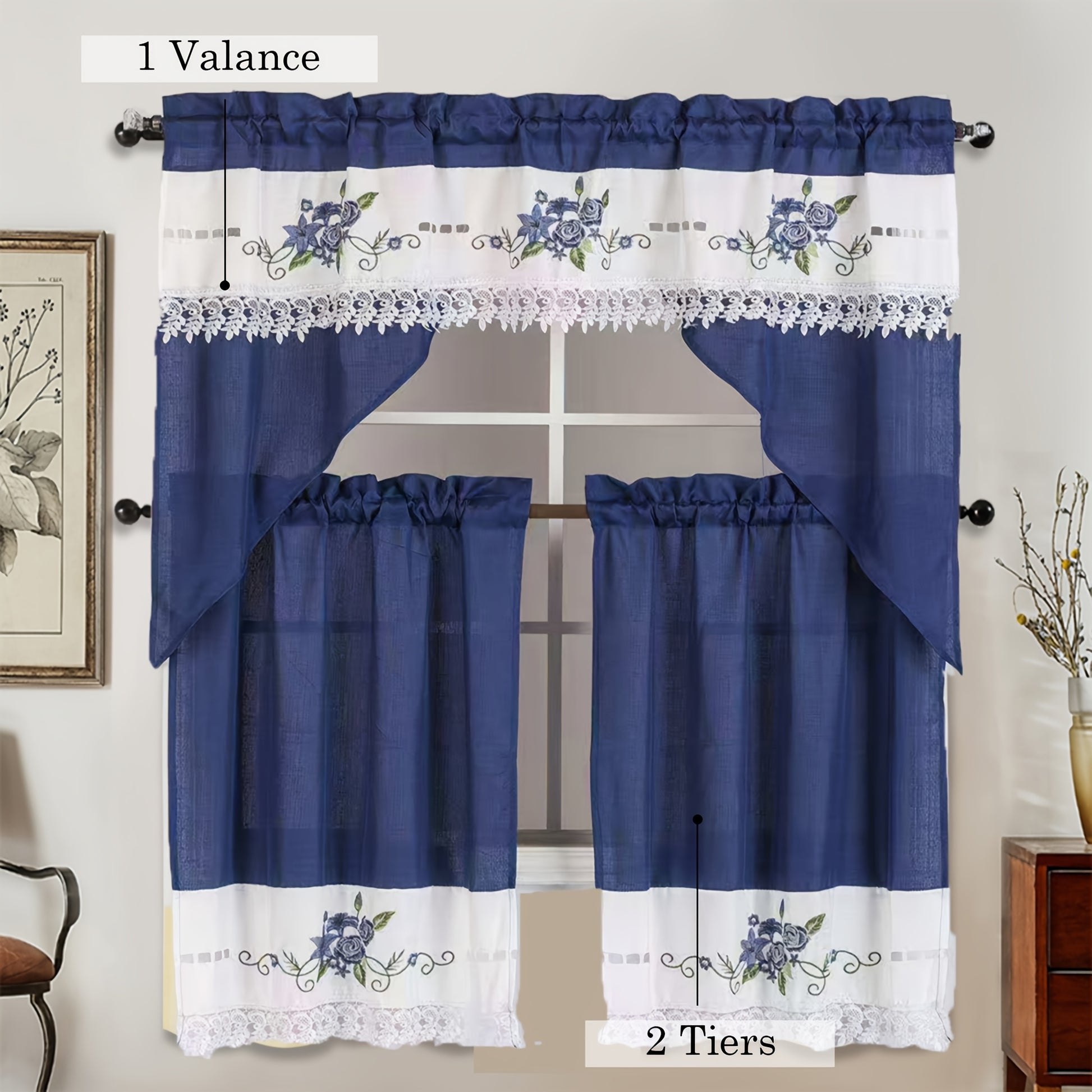 3pcs Bamboo Texture Embroidery Kitchen Curtains Set ROSES Pattern Translucency L image 3
