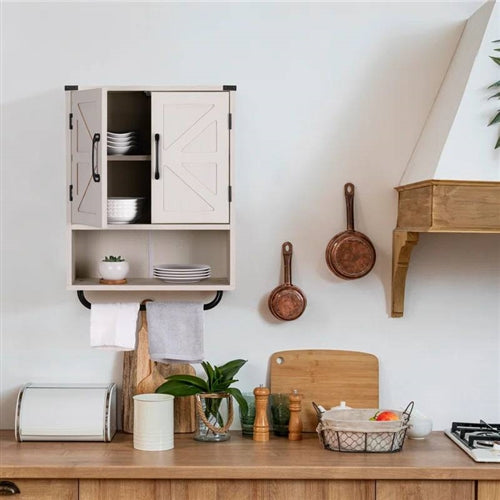 Farmhouse Bathroom Wall Cabinet with Towel Bar in 3 Colors Brown Wood Finish image 12