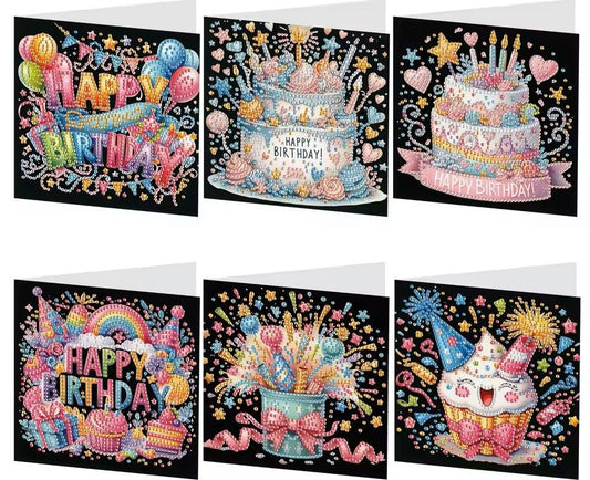 6 Unique Happy Birthday Cake Greeting Card Diamond Jewel Art COMPLETED image 0