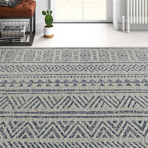 Blue Grey Chevron Coastal Boho Style Indoor Outdoor Area Rug image 1